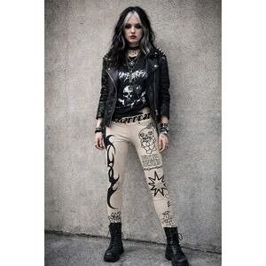 Drop Dead Ignorant Tattoo Leggings Womens Size S Beige Rare Streetwear Emo Punk